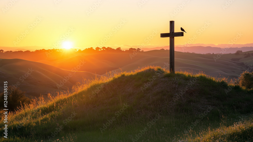Cross silhouetted against sunset in meadow, Good Friday reflection Cross silhouetted against sunset in meadow, Good Friday reflection