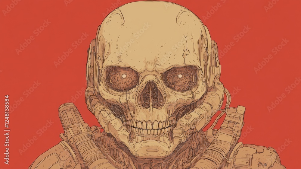 Robotic Skull, Red Background, Futuristic Art, Sci-Fi Concept Robotic Skull, Red Background, Futuristic Art, Sci-Fi Concept