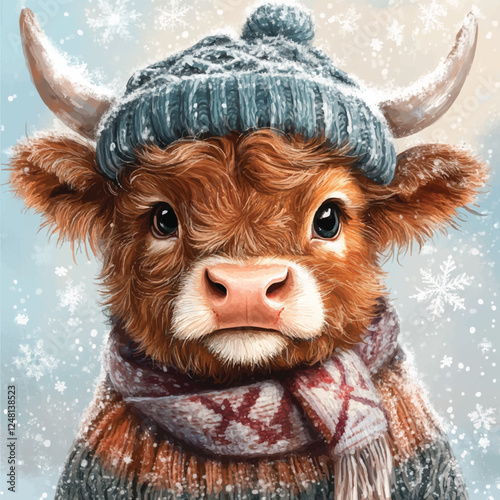 Highland Cow Winter Clipart Vector Illustration