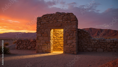 Ancient stone tomb illuminated at sunset in desert landscape, biblical narrative photo