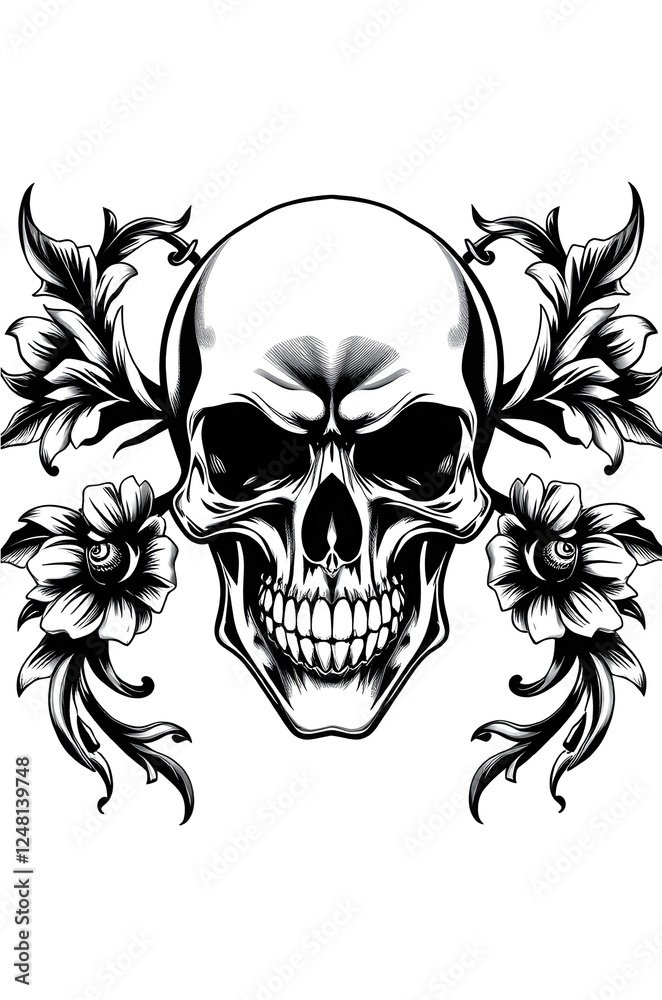 Fototapeta premium black and white human skull with ornaments , digital tattoo model 