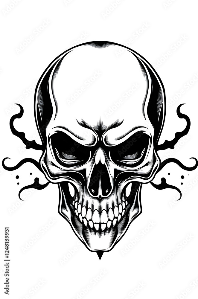 Fototapeta premium black and white human skull with ornaments , digital tattoo model 