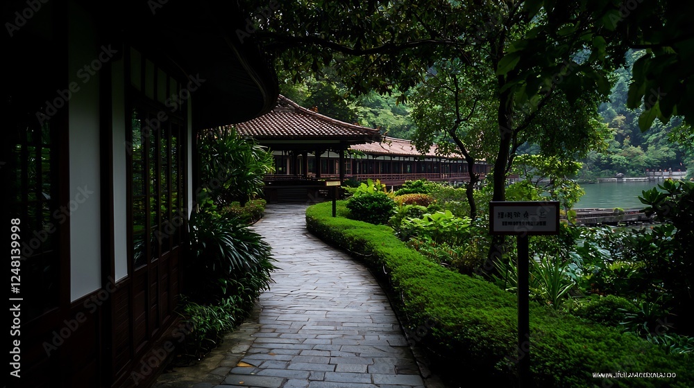 Scenic Pathway Through Lush Green Garden Near Tranquil Reflecting Scenic Pathway Through Lush Green Garden Near Tranquil Reflecting