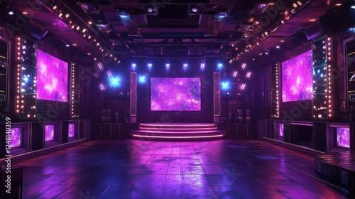 Futuristic Cyberpunk Stage with Neon Lighting and Galaxy Background Screens