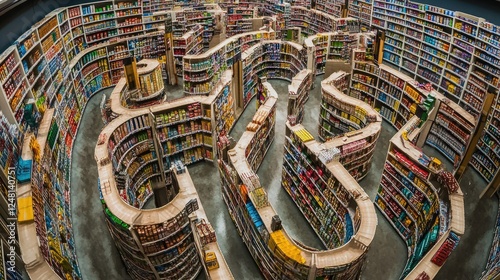 A never-ending maze of store shelves, symbolizing the complexity of retail, consumer habits, and economic systems.