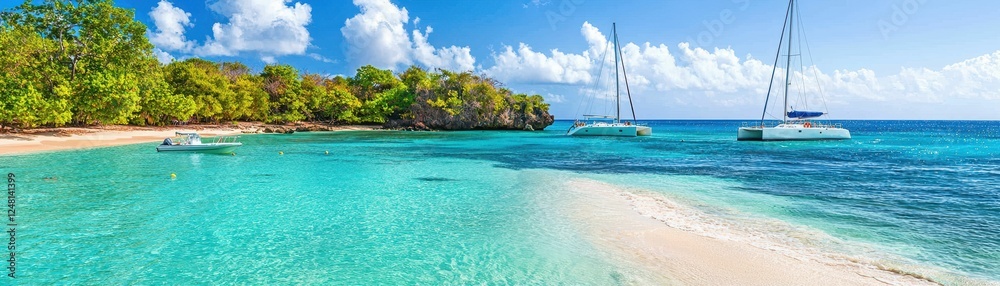 Fototapeta premium Idyllic beach with turquoise waters and boats.