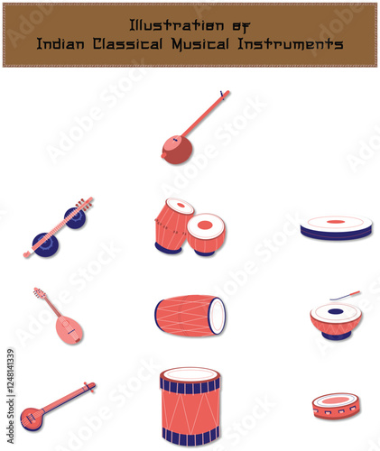 A collection of hand-drawn indian classical musical instruments, including tabla, sitar, veena, and more.