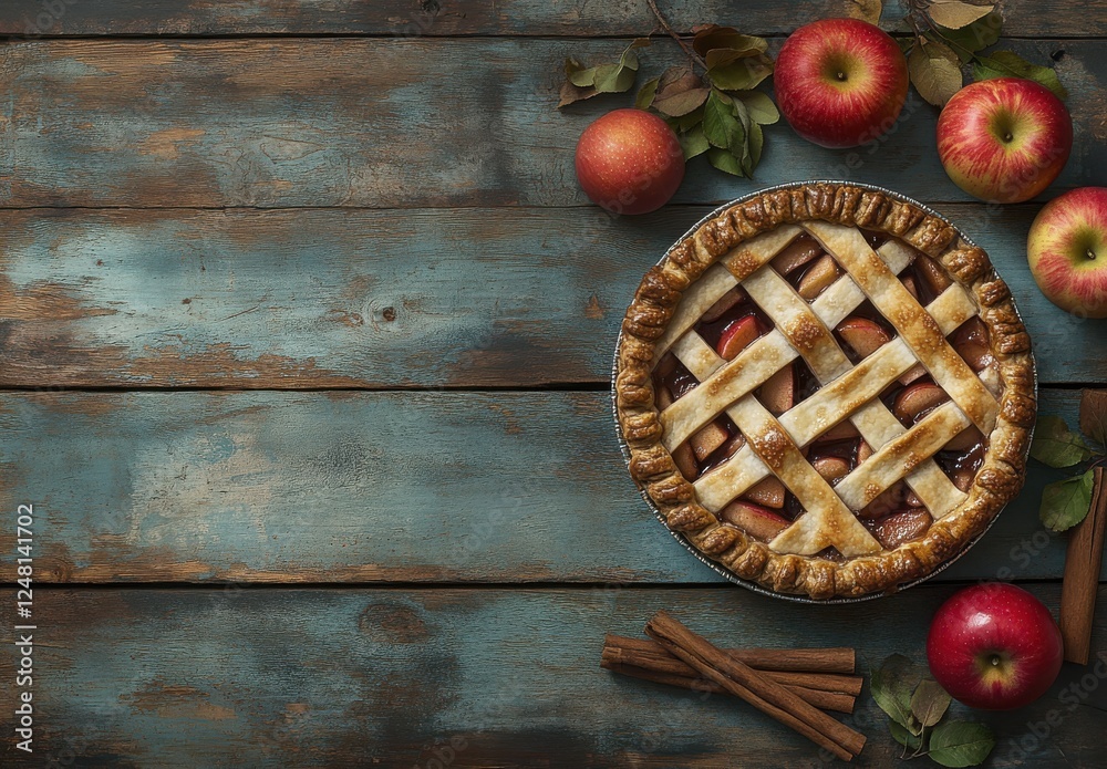 Rustic apple pie with cinnamon sticks on wooden backdrop, fresh apples, and autumn leaves for cozy fall moments, baking inspiration, and seasonal celebration Rustic apple pie with cinnamon sticks on wooden backdrop, fresh apples, and autumn leaves for cozy fall moments, baking inspiration, and seasonal celebration