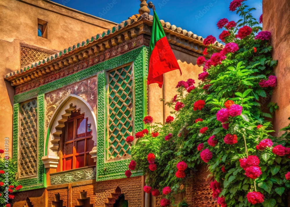Fototapeta premium Architectural photography captures Morocco's red-green star flag, traditional houses, desert architecture, and the exquisite details of Fes and Marrakech.