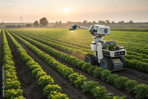 Automated Farming Robot Cultivating Rows of Green Crops at Sunset