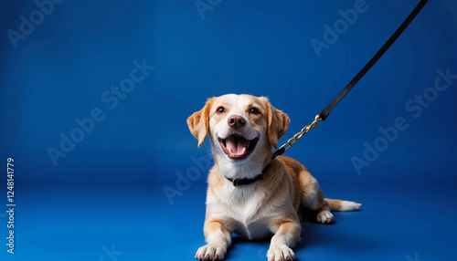 Happy dog pulling taut leash against electric blue background, joy