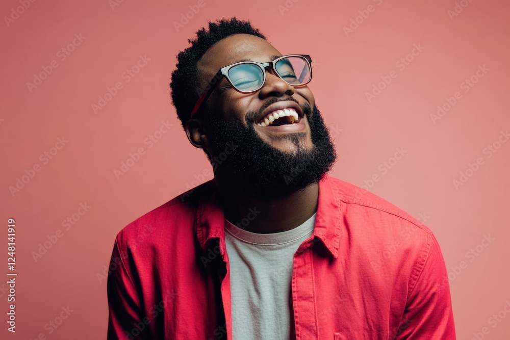 Smiling Bearded Man with Glasses in Red Shirt, Joyful Expression. Generative AI.
