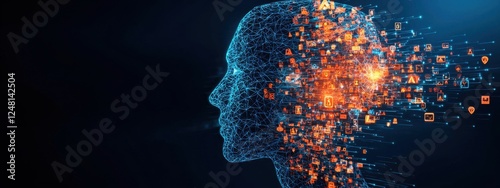 Human silhouette with digital particles representing technology, data flow, and artificial intelligence concept