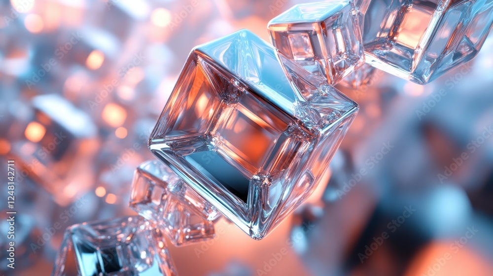 Crystal cubes floating in a dreamy light showcase intricate reflections and stunning designs during the evening glow Crystal cubes floating in a dreamy light showcase intricate reflections and stunning designs during the evening glow
