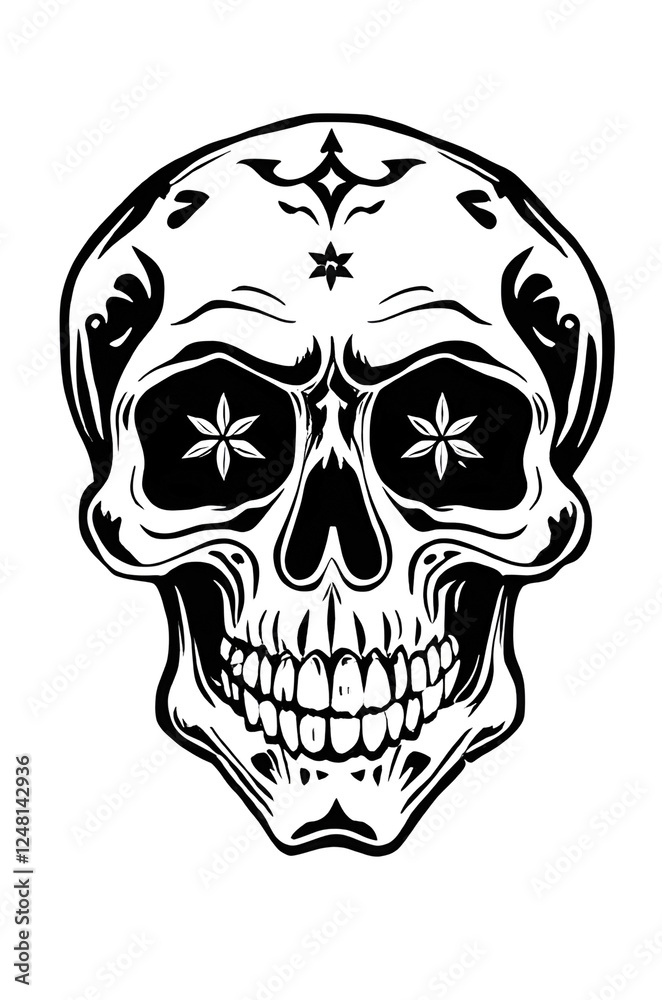 Fototapeta premium mexican skull with floral ornaments black and white sketch 