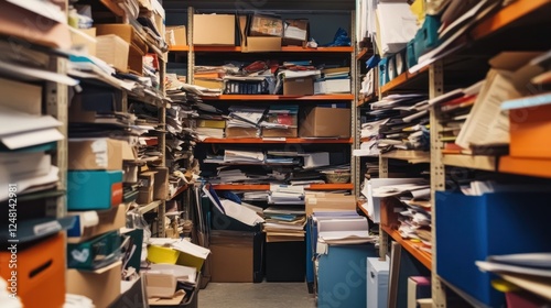 Overstuffed shelving units with haphazard storage creating visual chaos