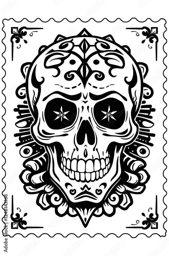 Fototapeta premium mexican skull with floral ornaments black and white sketch 