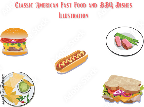 A mouth-watering collection of american fast food and bbq dishes, including burgers, ribs, and hot dogs.