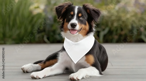 Happy dog wearing a white bandana relaxing on a wooden deck surrounded by greenery in bright daylight. mockup