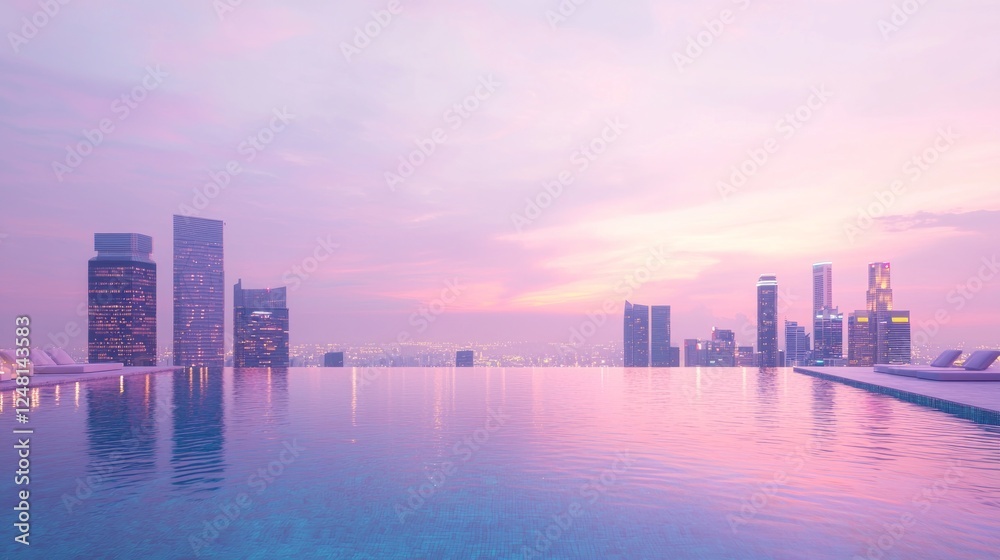 Obraz premium Expansive Rooftop Infinity Pool Against City Skyline at Dusk