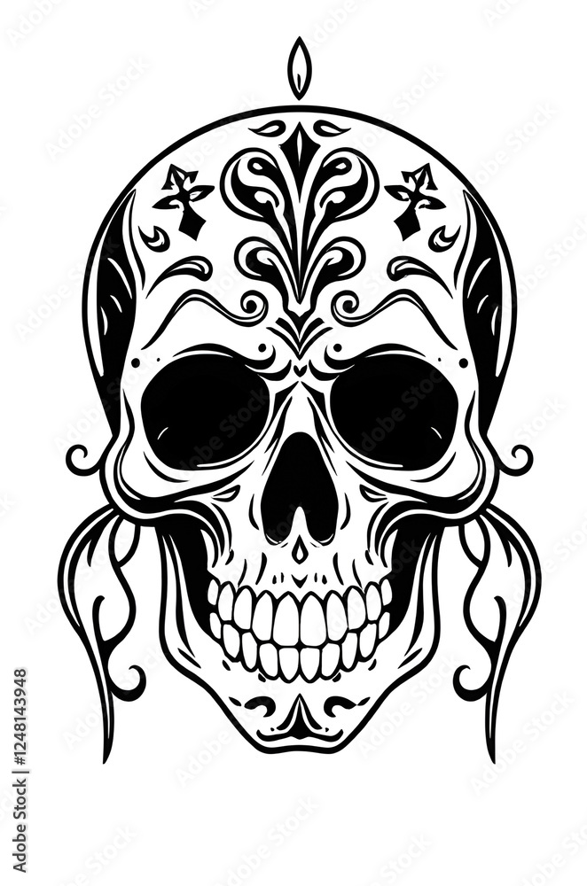 Fototapeta premium human skull with ornaments black and white sketch