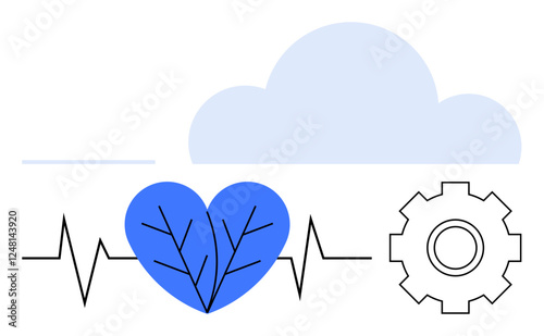 Heartbeat line, blue heart with veins, cloud, and gear symbolizing healthcare, technology, data integration. Ideal for health tech, cloud computing, teamwork innovation AI connectivity abstract photo