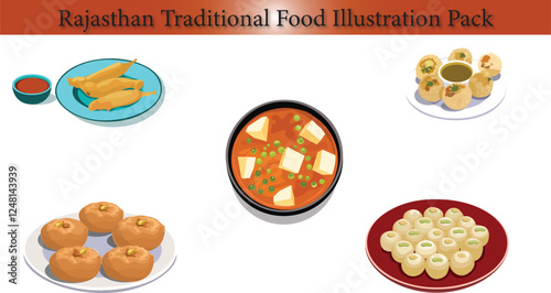 A vibrant illustration pack featuring traditional rajasthani dishes like dal baati churma, gatte ki sabzi, and ker sangri.