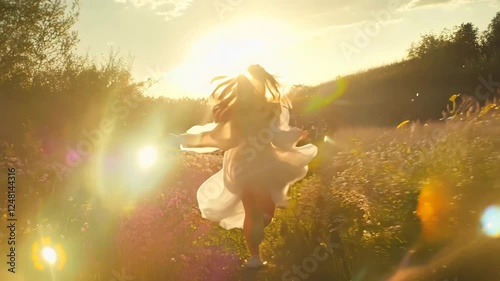 A young woman with flowing hair runs joyfully through a sunlit meadow, surrounded by wildflowers and bathed in the golden glow of the setting sun. The warm light, movement, and natural beauty create