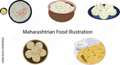 A beautiful set of illustrations featuring authentic maharashtrian dishes like puran poli, vada pav, and misal pav.