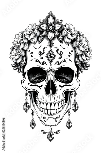 human skull with ornaments black and white sketch 