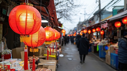 Vibrant Red Lanterns Illuminate Busy Market Street at Twilight photo