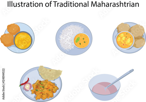 A cultural representation of traditional maharashtrian cuisine and lifestyle in an artistic illustration.