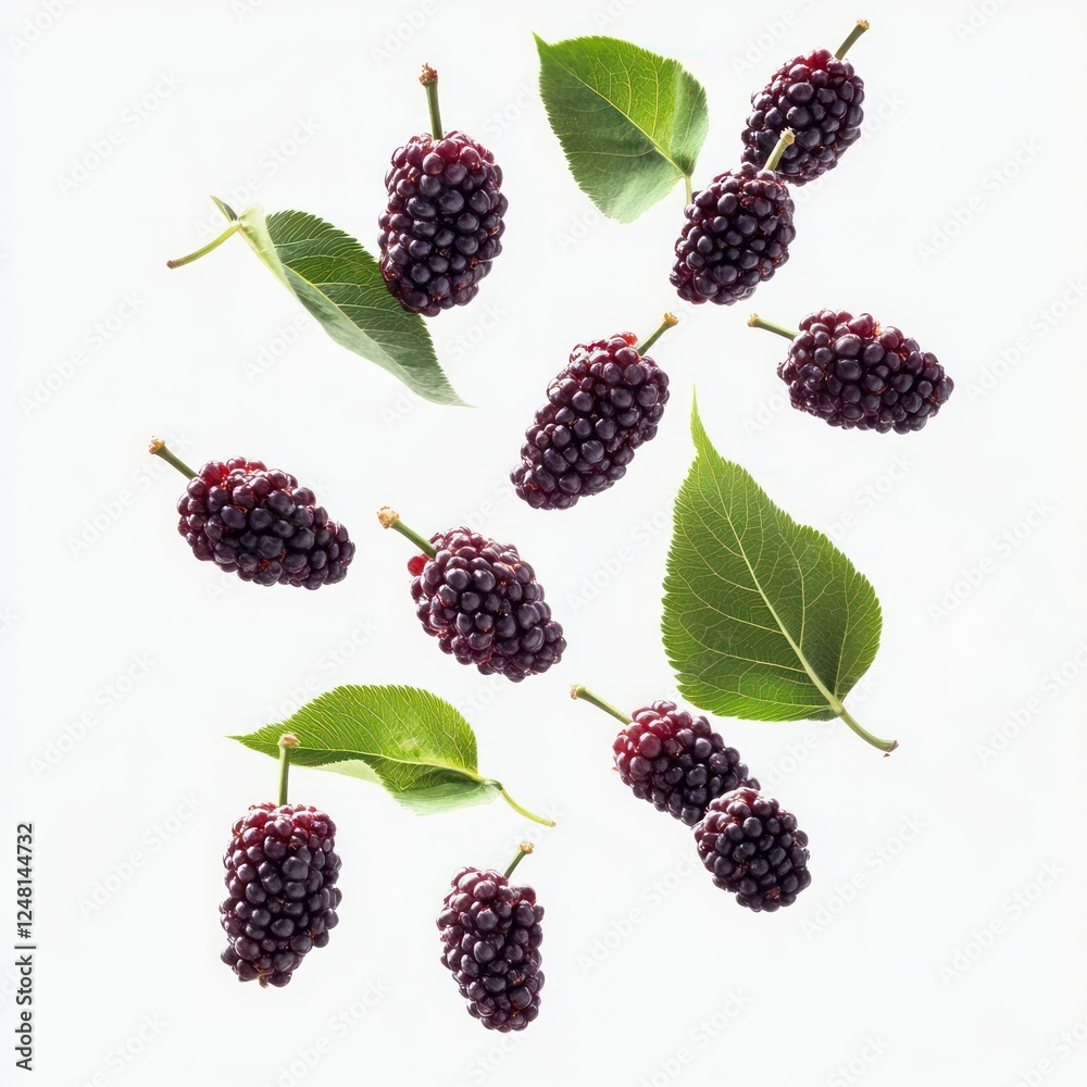 Falling Red Mulberries Fresh Fruit food on white background Falling Red Mulberries Fresh Fruit food on white background