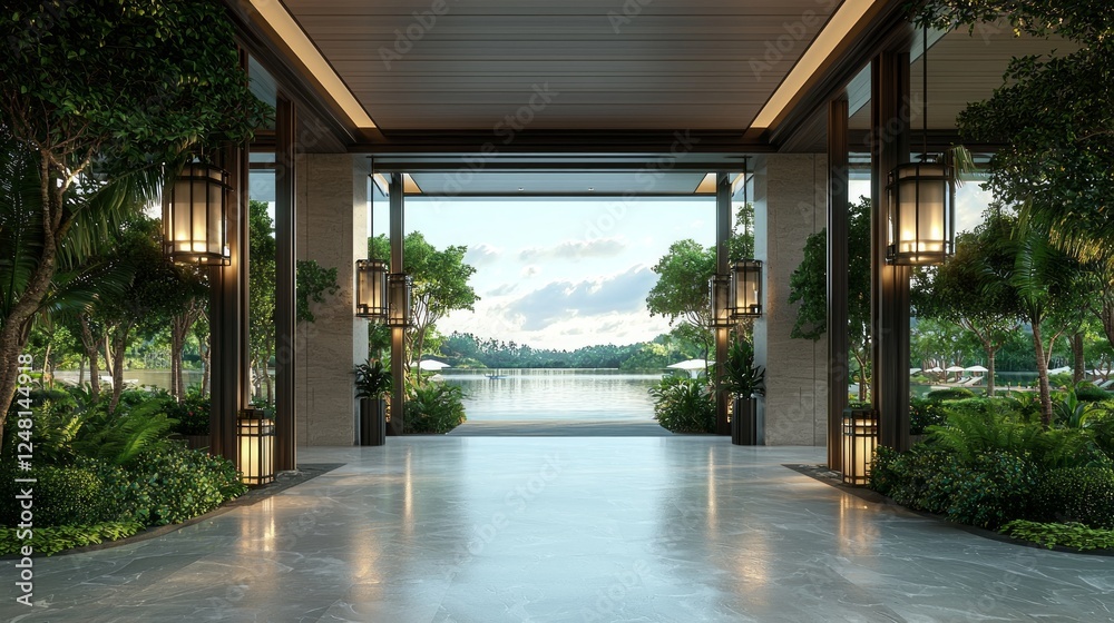 Scenic Lakeside Resort Entrance with Lush Greenery and Water View Scenic Lakeside Resort Entrance with Lush Greenery and Water View