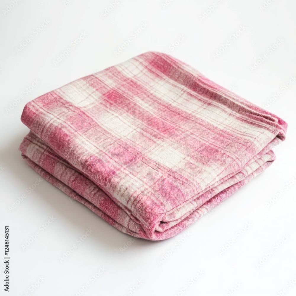 Folded pink plaid fabric on white background Folded pink plaid fabric on white background