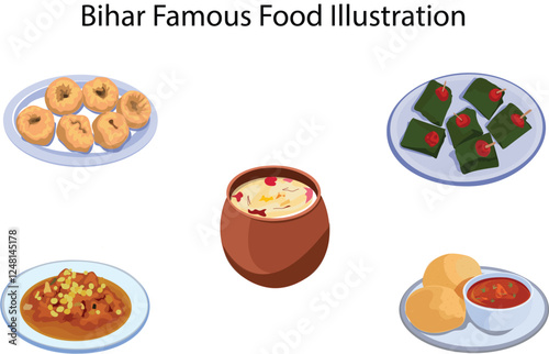 A creative set of illustrations highlighting bihar’s famous dishes like litti chokha, thekua, and sattu paratha.