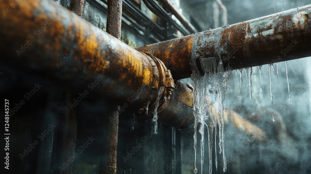 A rusty, leaking pipe with steam and dripping water in an industrial environment, symbolizing the need for maintenance and repair to ensure safety and prevent further damage. A rusty, leaking pipe with steam and dripping water in an industrial environment, symbolizing the need for maintenance and repair to ensure safety and prevent further damage.