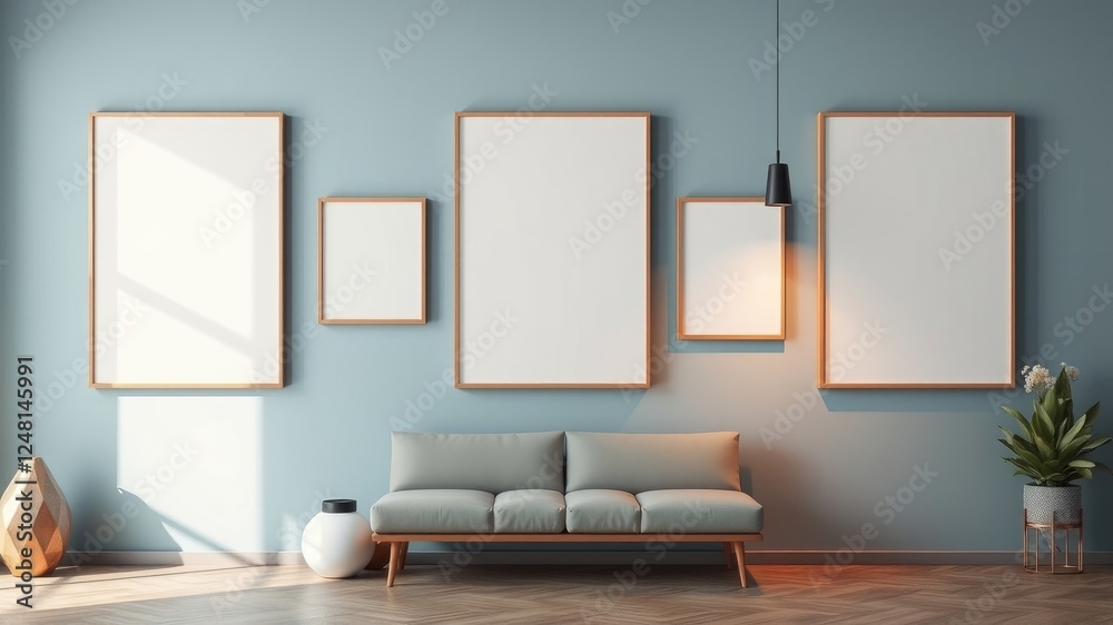 Modern Minimalist Living Room with Empty Picture Frames and Soft Seating Modern Minimalist Living Room with Empty Picture Frames and Soft Seating