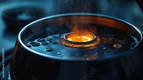 Mystical liquid cauldron simmering with golden essence and rising vapor photo