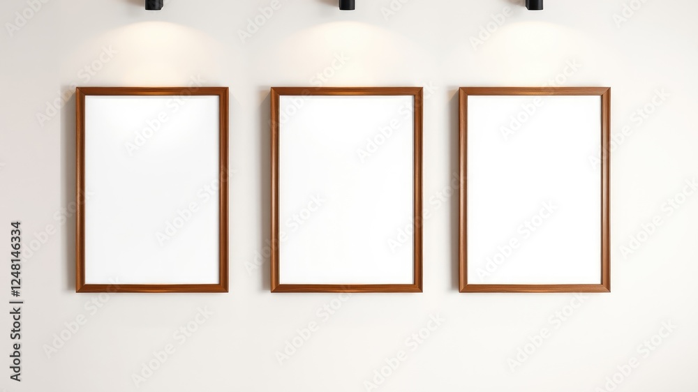 Three empty light brown wooden picture frames on a minimalist off-white wall, illuminated by recessed lighting Three empty light brown wooden picture frames on a minimalist off-white wall, illuminated by recessed lighting