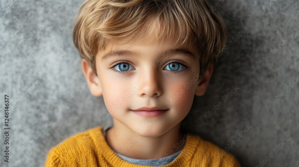 Naklejka premium Cute young boy with bright blue eyes wearing a cozy sweater against a textured background