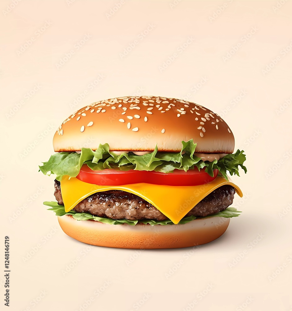 Realistic illustration of a hamburger with cheese, lettuce, and tomato on a white background. Vector design element for a fast food menu or advertising Realistic illustration of a hamburger with cheese, lettuce, and tomato on a white background. Vector design element for a fast food menu or advertising