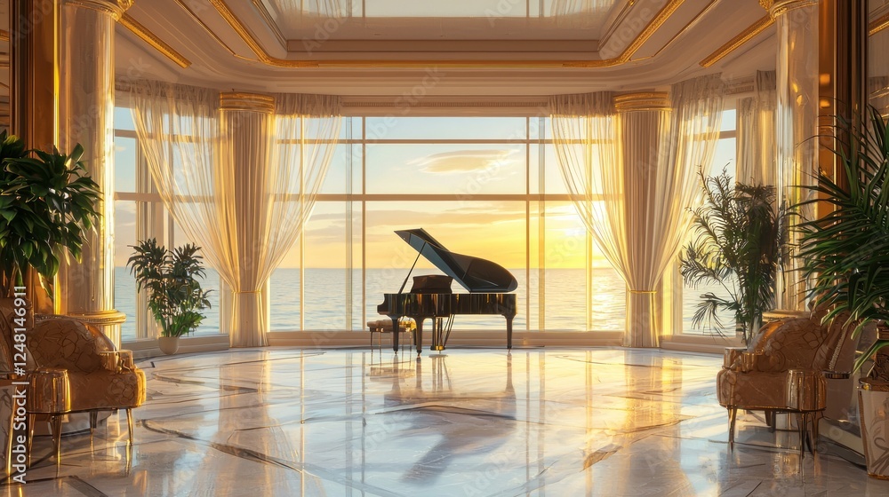 Fototapeta premium Opulent Presidential Suite with Grand Piano and Ocean View Sunset