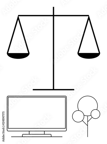 Balance scale hanging over a computer monitor with a simplistic tree outline. Ideal for justice, technology, work-life balance, minimalism, legal concepts, environmental awareness, metaphorical