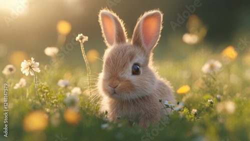 Cute Baby Rabbit Sitting in a Field of Wildflowers During Golden Hour.