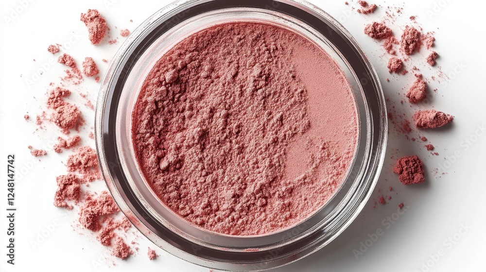 Soft pink powder rests in a clear container capturing light, suggesting a fresh beauty routine Soft pink powder rests in a clear container capturing light, suggesting a fresh beauty routine