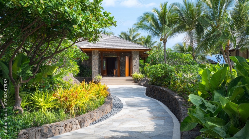 Pristine Island Resort Entrance Surrounded by Lush Tropical Foliage Pristine Island Resort Entrance Surrounded by Lush Tropical Foliage