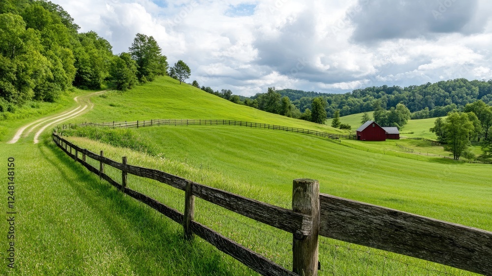 Rolling green hills with fence and red barn under partly cloudy sky Rolling green hills with fence and red barn under partly cloudy sky