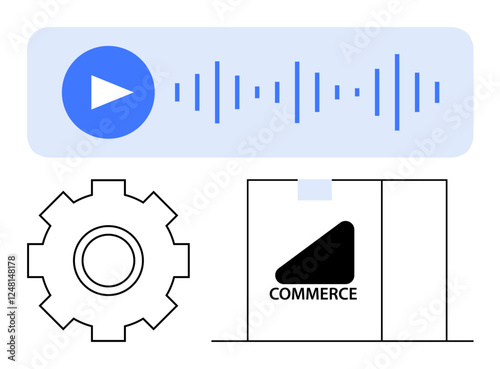 Voice command interface with waveform, gear symbolizing automation, and a shopping bag for commerce. Ideal for e-commerce, tech solutions, automation, AI, voice tech, innovation retail abstract