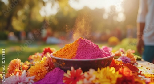 Bright colorful paints gulal, abir powder: aesthetic natural eco-friendly powders for Holi celebration 